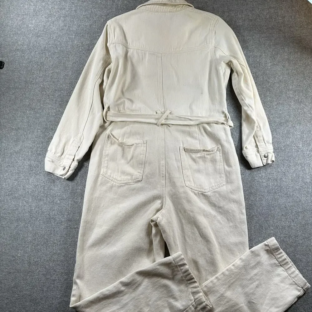 Skies Are Blue White Denim Long Sleeve Jumpsuit Size S - Picture 7 of 13